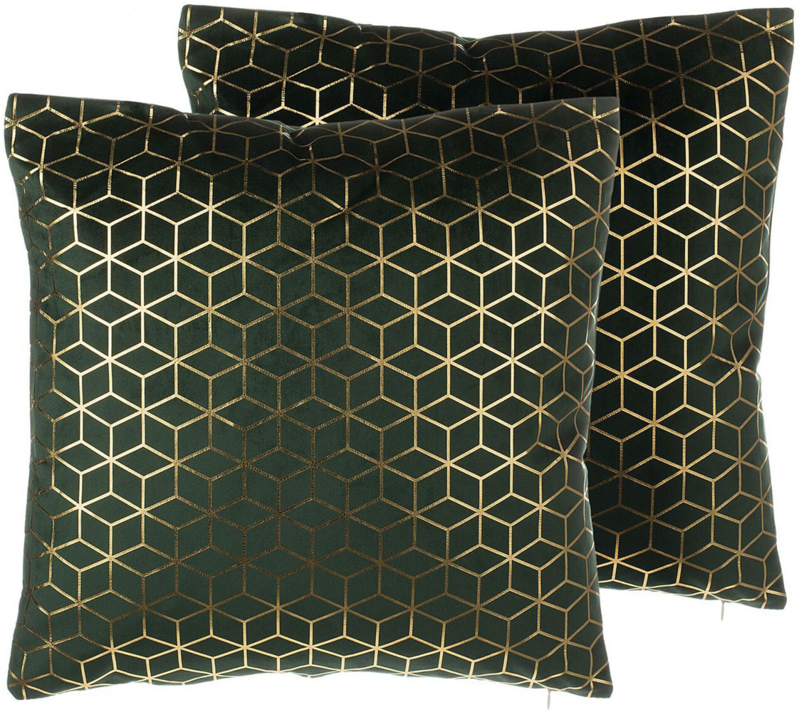 Kissen 2er Set Geometrisches Muster CELOSIA Samtstoff 45 x 45 cm Dunkelgrün Bild 1