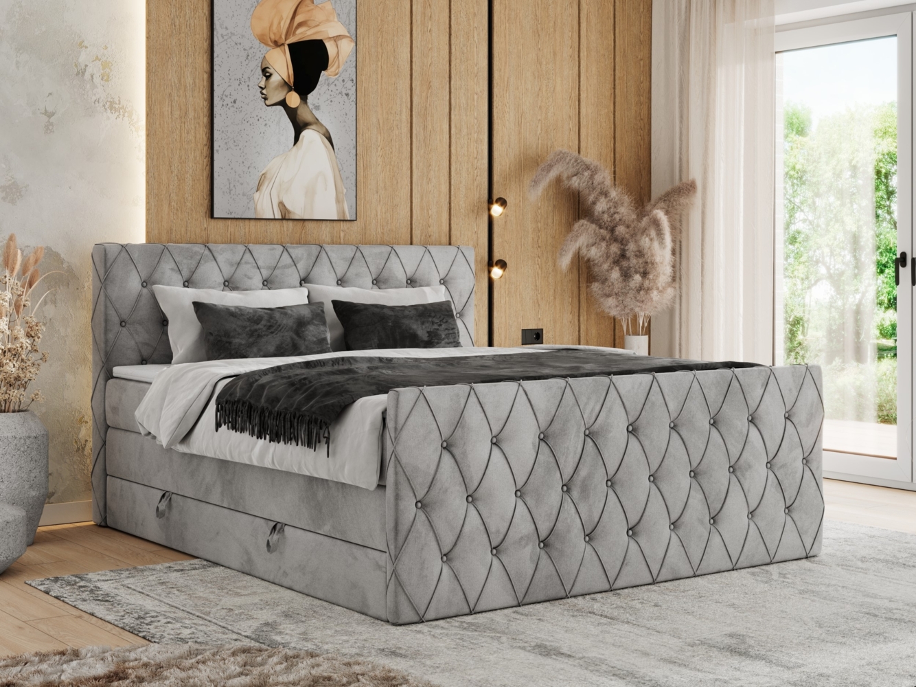 Boxspringbett, Doppelbett mit Fußteil, Multipocket-Matratzen und Topper, gestepptes Kopfteil und Front - MIREN KING DUO - 160x200 cm - Hellgrau Velours - H4 Bild 1