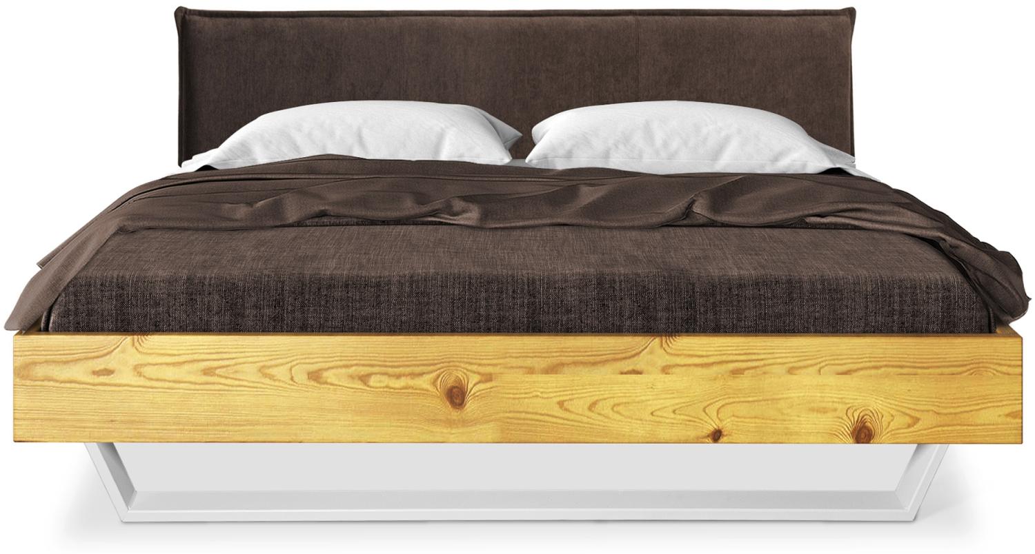 Möbel-Eins CURBY Kufenbett mit Polster-Kopfteil, Material Massivholz, rustikale Altholzoptik, Fichte, Kufen Weiß natur 140 x 220 cm Stoff Braun Bild 1