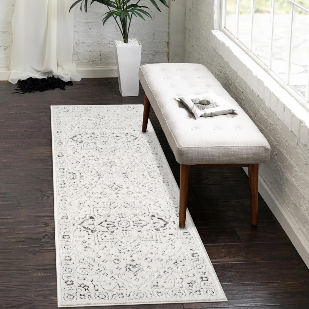 Teppich Läufer - 80x300cm Creme-Grau Bodenbelag Hochtief Struktur Flachflor - Ornamte Muster Boho Design Wohnteppich Bild 1