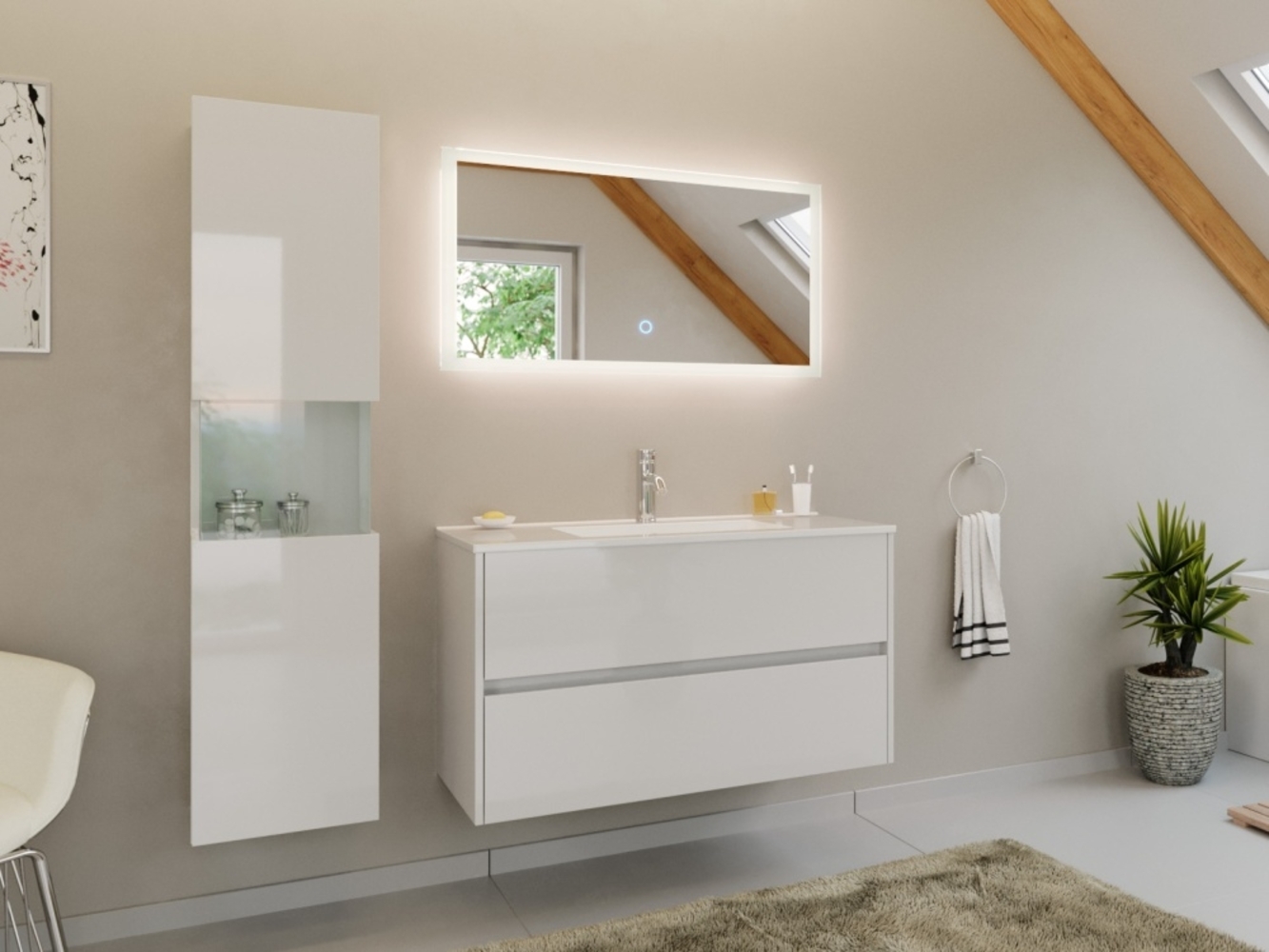 Badmöbel Set Taifun 3tlg. 100 cm mit LED Spiegel & Hochschrank weiß Hgl : Weiss hochglanz Bild 1