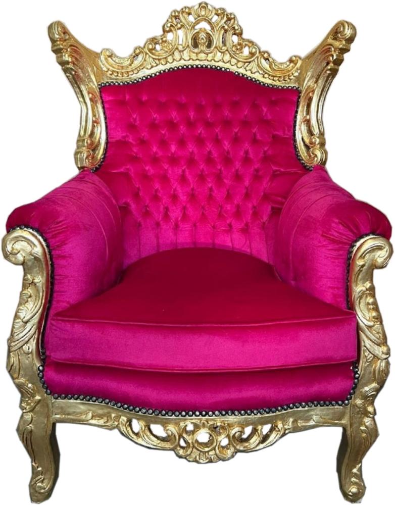 Casa Padrino Barock Sessel Pink / Gold - Handgefertigter Massivholz Wohnzimmer Sessel - Antik Stil Wohnzimmer Sessel - Wohnzimmer Möbel im Barockstil - Barock Möbel Bild 1