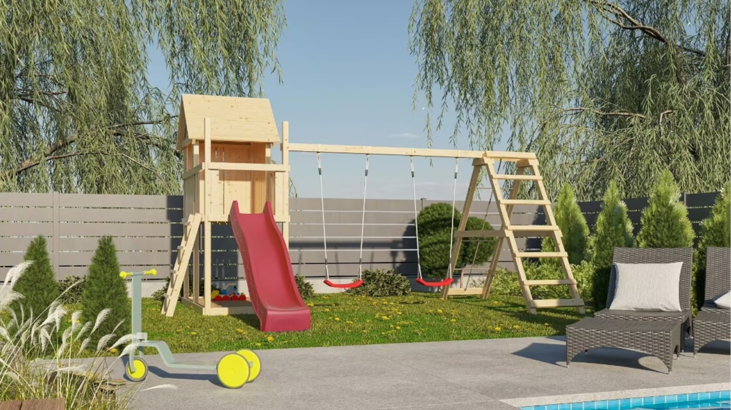 Karibu Stelzenhaus Frieda mit Doppelschaukelanbau mit Klettergerüst Mit roter Rutsche Bild 1