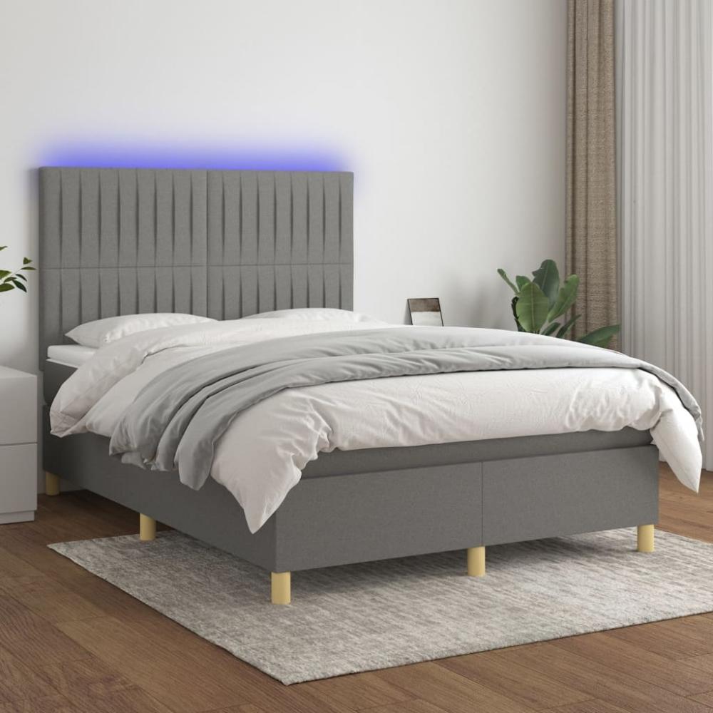 vidaXL Boxspringbett mit Matratze & LED Dunkelgrau 140x200 cm Stoff 3135598 Bild 1