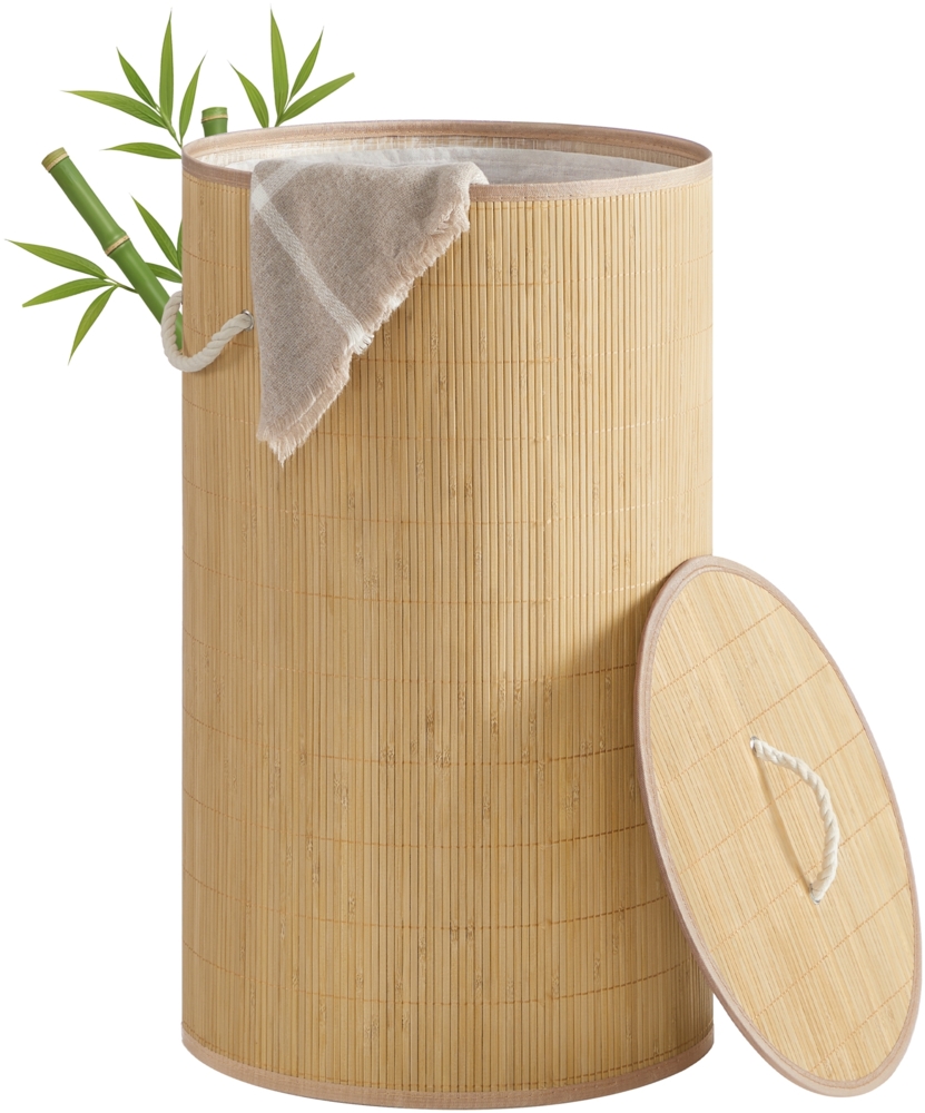 SONGMICS Wäschekorb mit Deckel, 90 L, Wäschesammler Bambus, rund, faltbar, naturfarben Bild 1