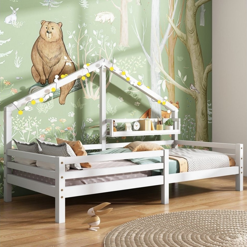 Flieks Kinderbett, Massivholz Einzelbett Hausbett mit Ablageregal 90x200 cm Bild 1