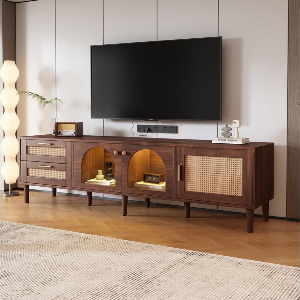 OKWISH TV-Schrank Lowboard für 80-Zoll-Fernseher (mit LED-Beleuchtung, 1-St) 1 Rattan-Tür, 2 Rattan-Schubladen, 2 gewölbten Glastüren Bild 1