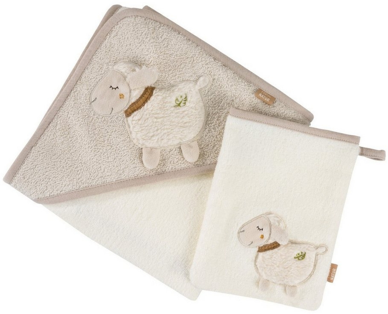 Fehn Bade-Set Schaf Natur – Bade-Set Handtuch & Waschlappen mit Bio-Baumwolle (KBA) – mit Tiermotiv für fröhlichen Badespaß – für Babys und Kleinkinder ab 0+ Monaten Bild 1