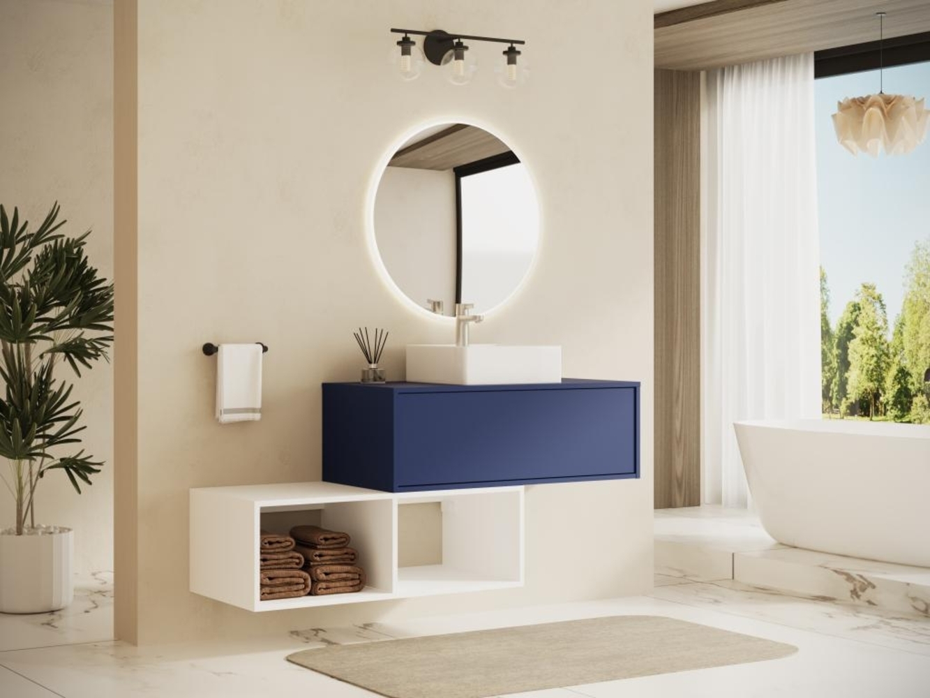 Vente-unique - Waschbeckenunterschrank hängend mit quadratischem Waschbecken - 1 blaue Schublade & 2 weiße Ablagefächer - 94 cm - TEANA II Bild 1
