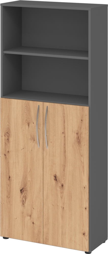 bümö Mehrzweckschrank 80cm breit, Aktenschrank o. Schuhschrank hoch, Regal Schrank-Kombi, Küchenschrank in Graphit/Asteiche aus Holz, Vorratsschrank & Haushaltsschrank mit Metallgriffen, 4770-G-R-BM Bild 1