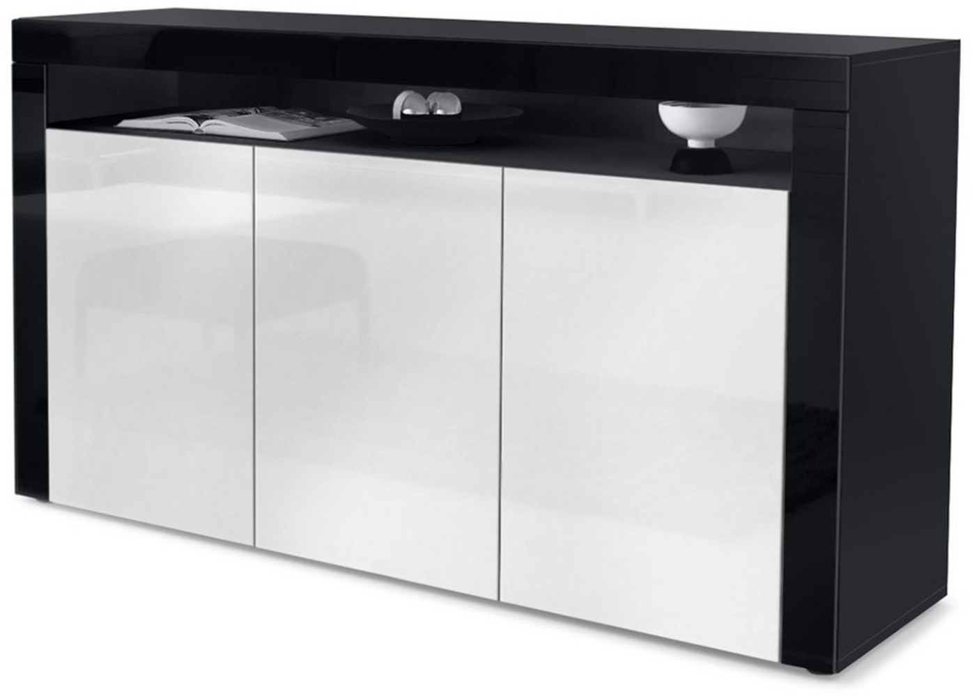 Vladon Sideboard Valencia, Kommode mit 3 Türen und 1 offenem Fach, Schwarz matt/Weiß Hochglanz/Schwarz Hochglanz (155 x 92 x 40 cm) Bild 1