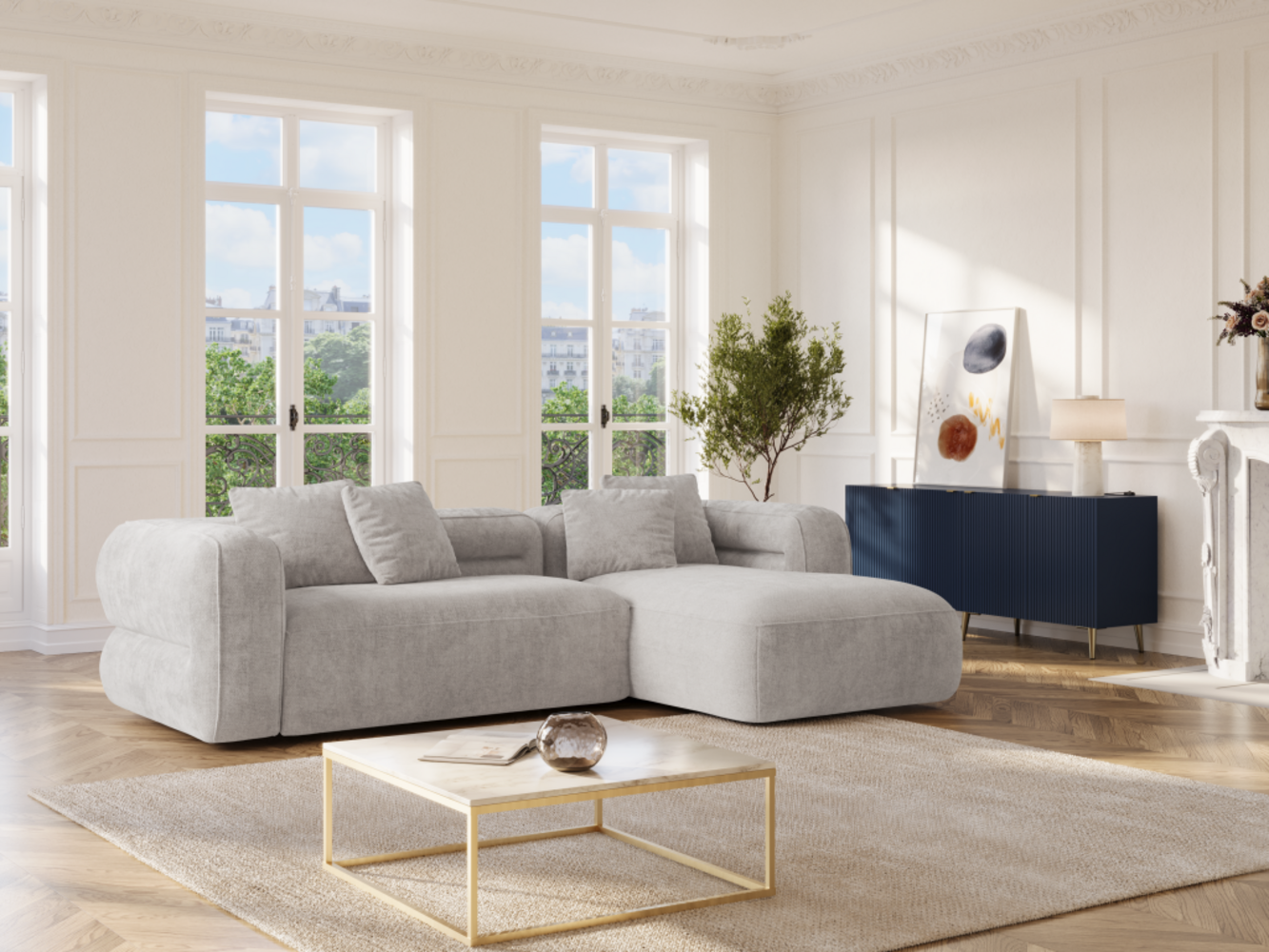 Vente-unique - Ecksofa - Ecke rechts - Strukturstoff - Hellgrau - TREVALIS Bild 1