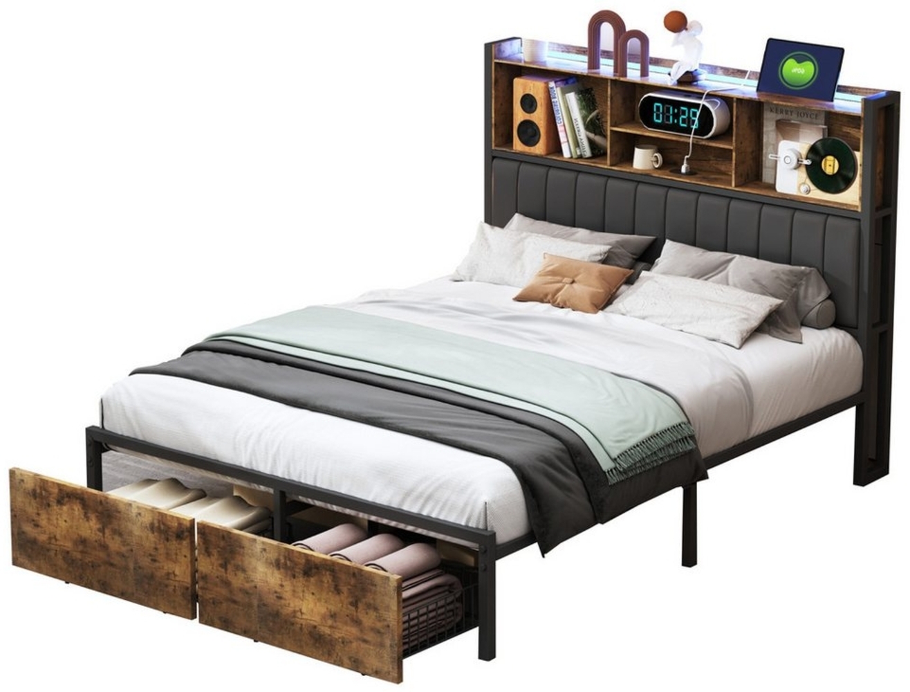 FUROKOY Jugendbett Metallbett Polsterbett mit LED und Stauraum, 140x200cm Massivholzbett Doppelbett, mit 2 Schubladen,Type-C und USB Bild 1