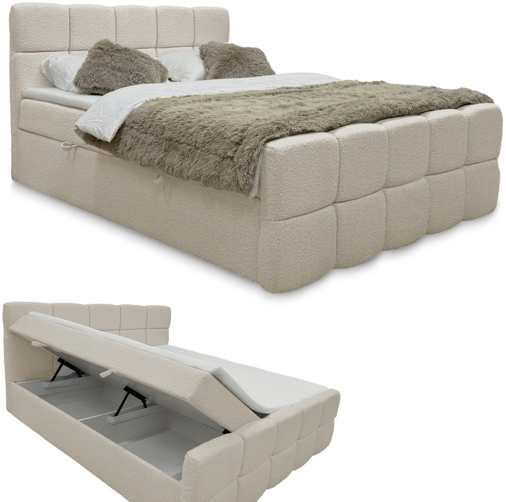 Juskys Boxspringbett Calgary 180x200 cm - Bettkasten für mehr Stauraum, Hochwertiger Boucle Stoff, inklusive Topper, komfortable Einstiegshöhe - Beige Bild 1