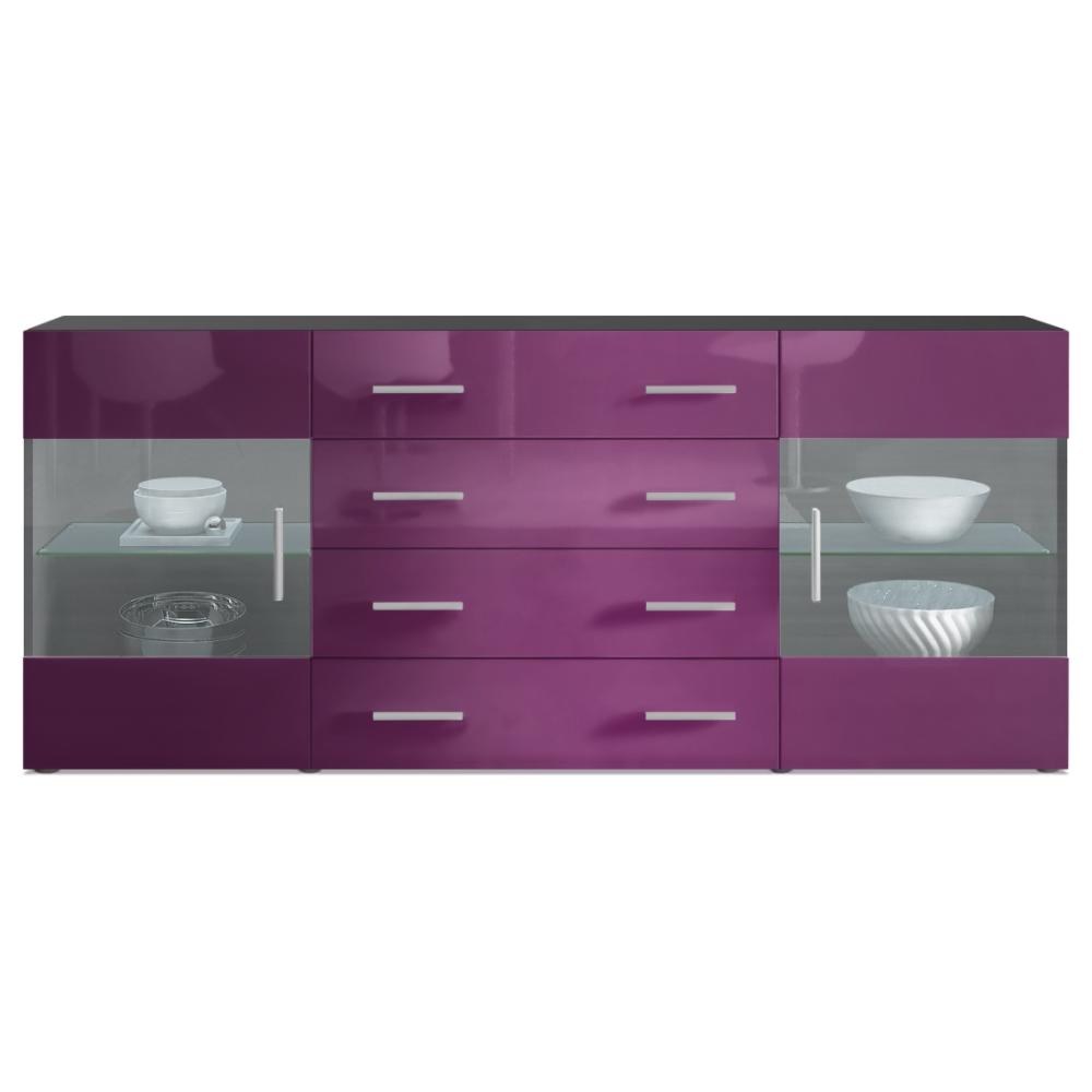 Sideboard Kommode Bari V2, Korpus in Schwarz matt / Front in Brombeer Hochglanz (166 x 72 x 35) Bild 1