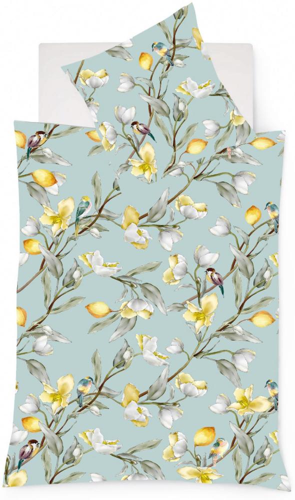 Fleuresse Mako-Satin Bettwäsche 200x220 Zitronen Blüten Vögel smaragd 114345-05 Bild 1