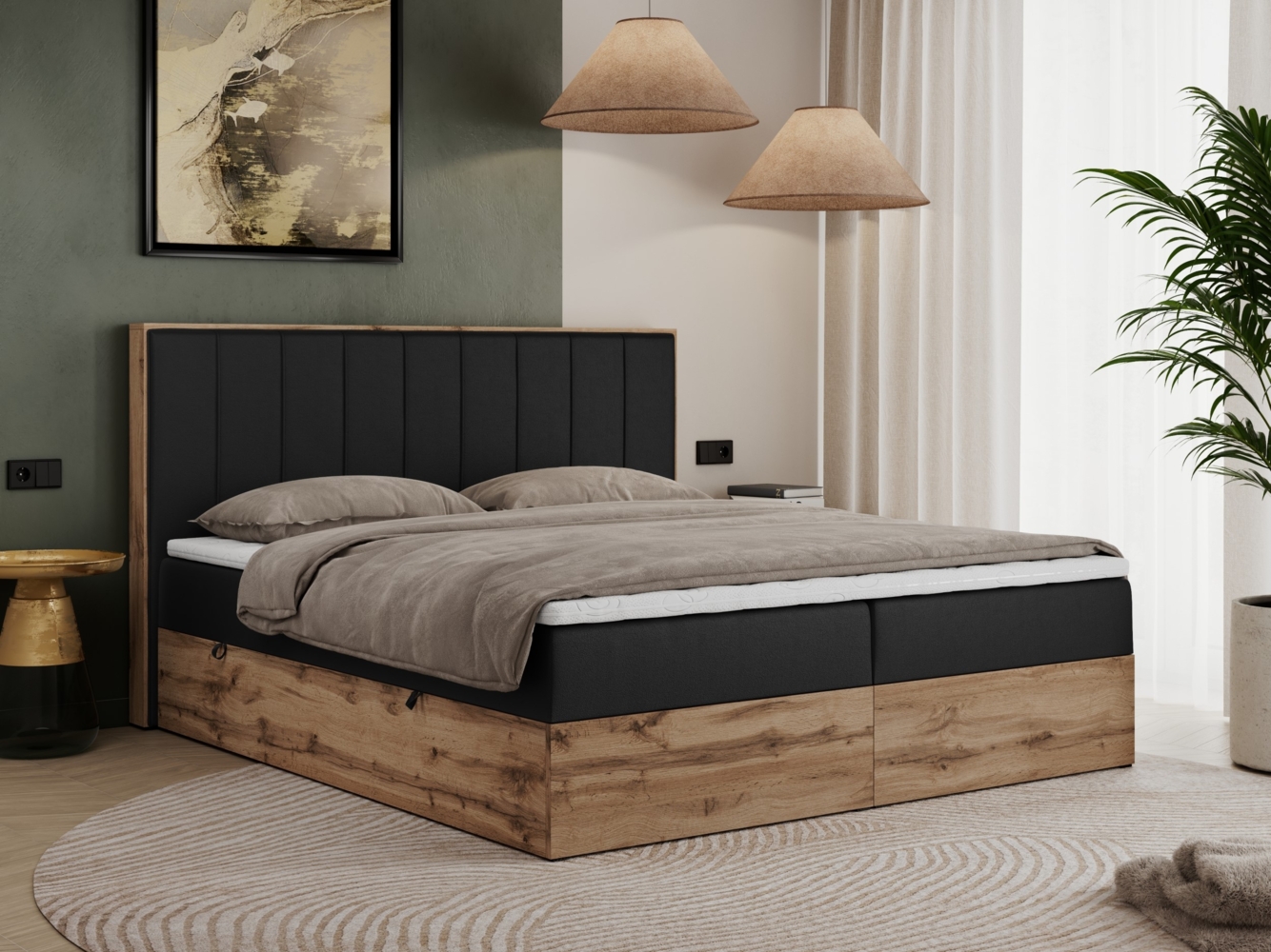 Boxspringbett, Schlafzimmerbett, Bettkasten - BELLISSIMO - 160x200 cm - Schwarz Kunstleder - H4 Bild 1