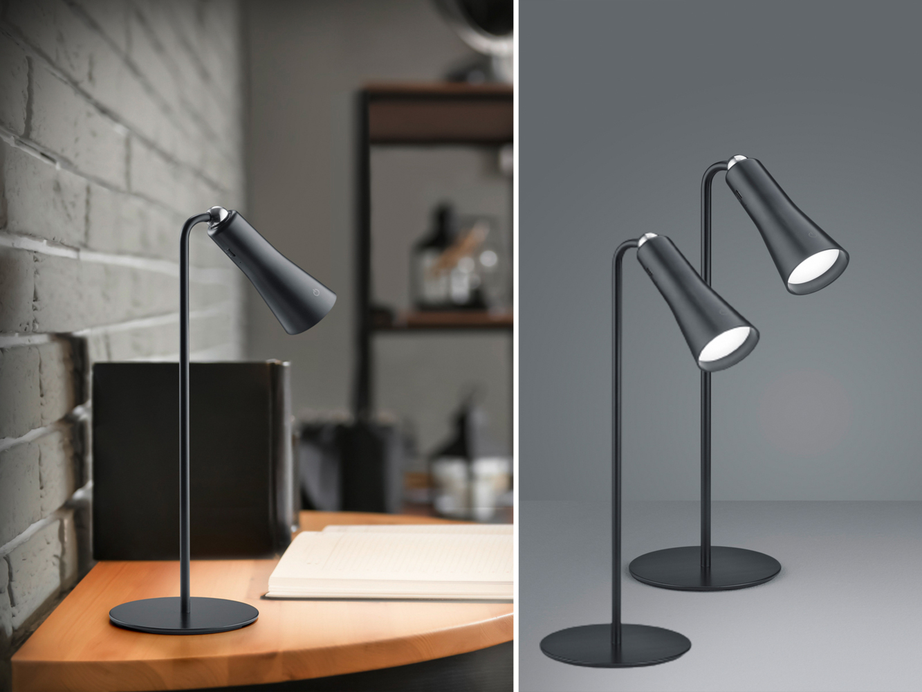2er SET 3 in 1 LED Akku Tischleuchten mit Klemm- & Klebestation, Schwarz H: 36cm Bild 1