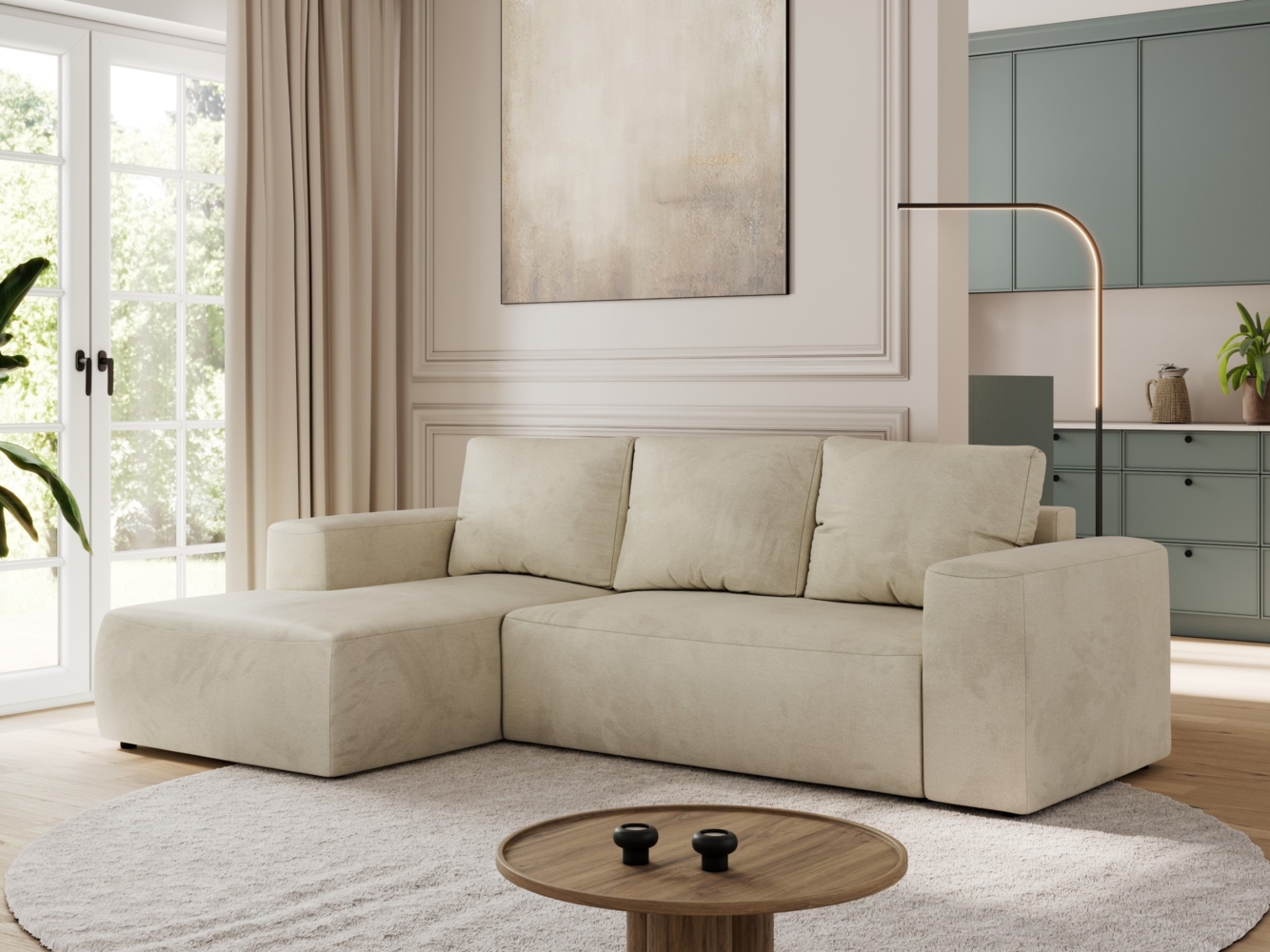 Ecksofa mit Schlaffunktion, Bettkasten und losen Kissen für das Wohnzimmer - TRENTINO - Beige Velvet - links Bild 1