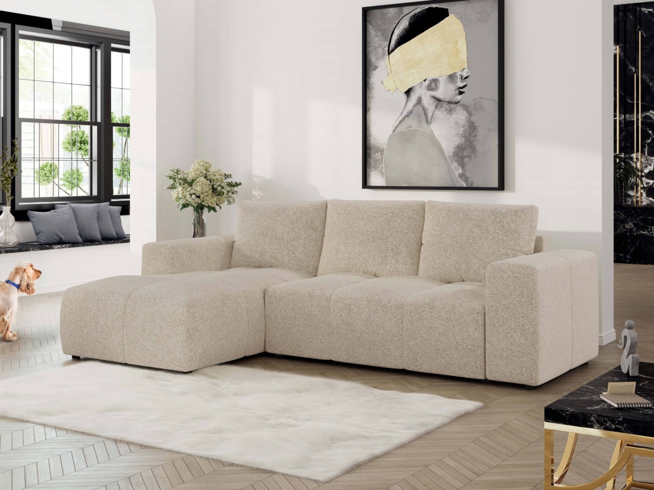 Ecksofa mit Schlaffunktion und Bettkasten, L-form Couch, lose Kissen, Polstersofa - MONIVA - Creme Struktur - linke Seite Bild 1