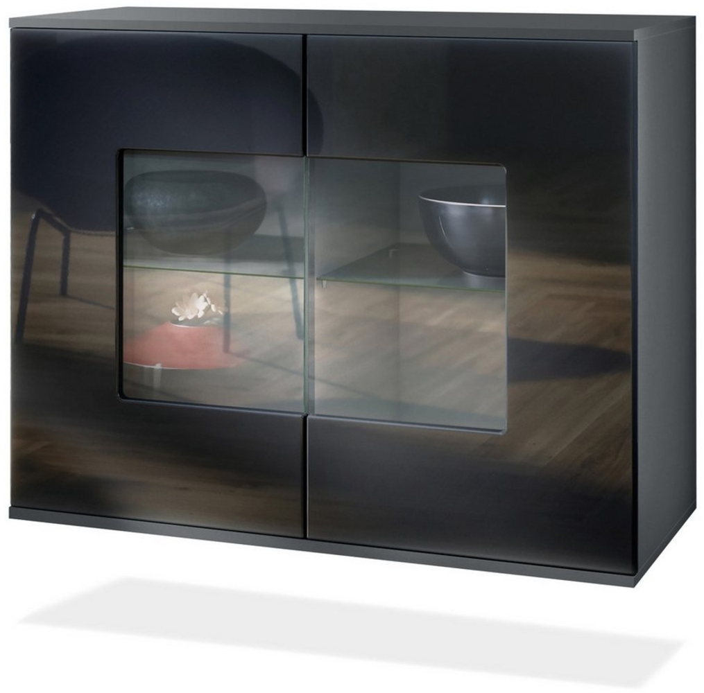 Vladon Kommode Grömitz V3 (Moderner Küchenschrank, mit 2 großen Glastüren), Anthrazit matt / Schwarz Hochglanz (92,5 x 73.5 x 35) Bild 1