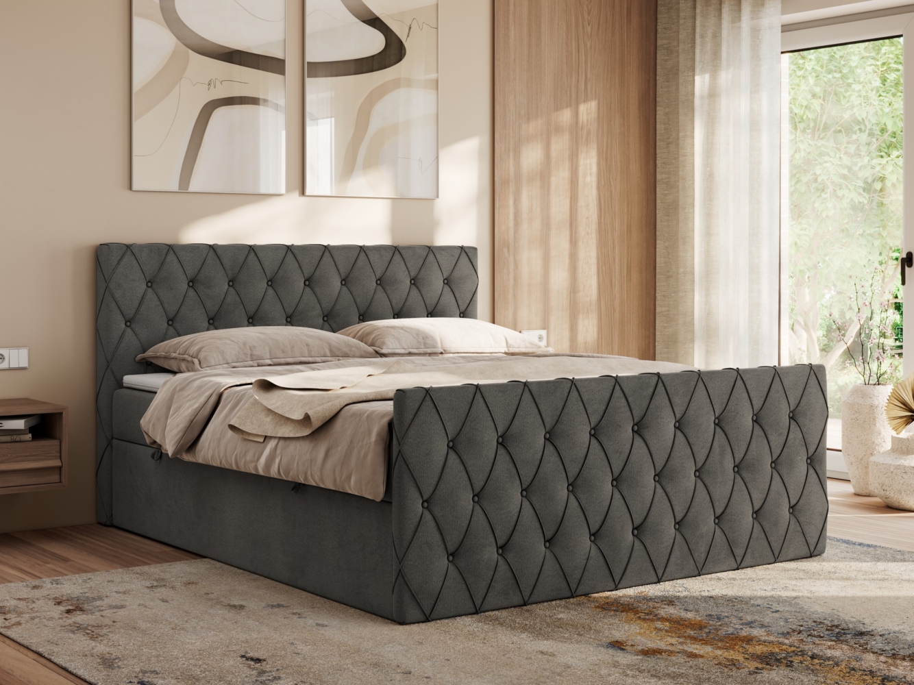 Boxspringbett mit gesteppter Front und Kopfteil, Multipocket-Matratze, zwei Bettkästen - MIREN DUO - 200 x 200 cm - Dunkelgrau Velvet - H3 Bild 1