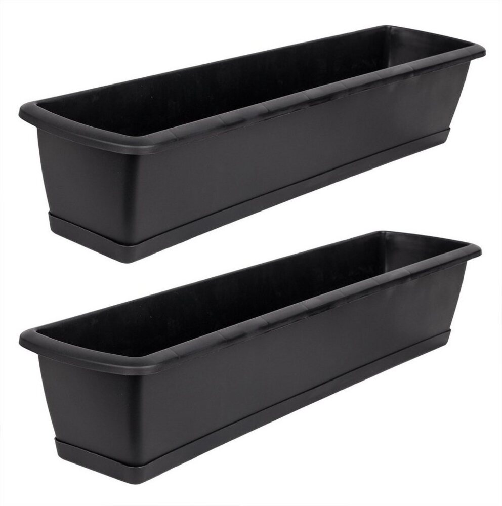 BigDean 2er Set Blumenkasten mit Untersetzer 60 cm lang anthrazit - aus PP-Kunststoff - Balkon Pflanzkasten schmal Balkonkasten Bild 1