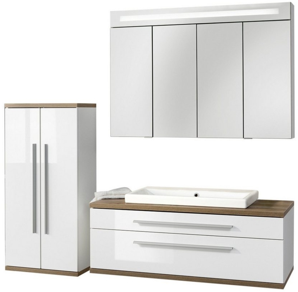 Fackelmann STANFORD Badmöbel Set 4-teilig, 110 cm breit, Weiß,Keramik+Spiegelschrank+Midischrank Bild 1