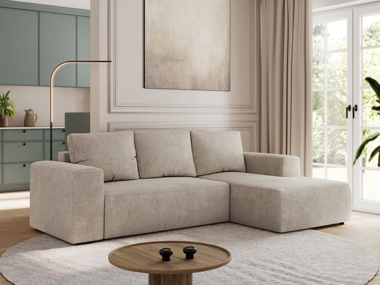 Ecksofa mit Schlaffunktion, Bettkasten und losen Kissen für das Wohnzimmer - TRENTINO - Beige Stoff - rechts Bild 1