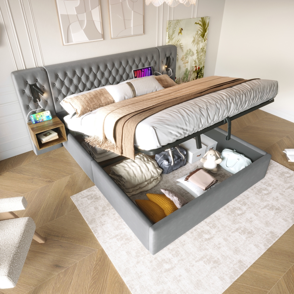 Merax Polsterbett Hydraulisch Stauraumbett Doppelbett 160×200 cm mit 2 Nachttischen, Kopfteil Leselicht mit USB Ladefunktion, Samt, Grau Bild 1