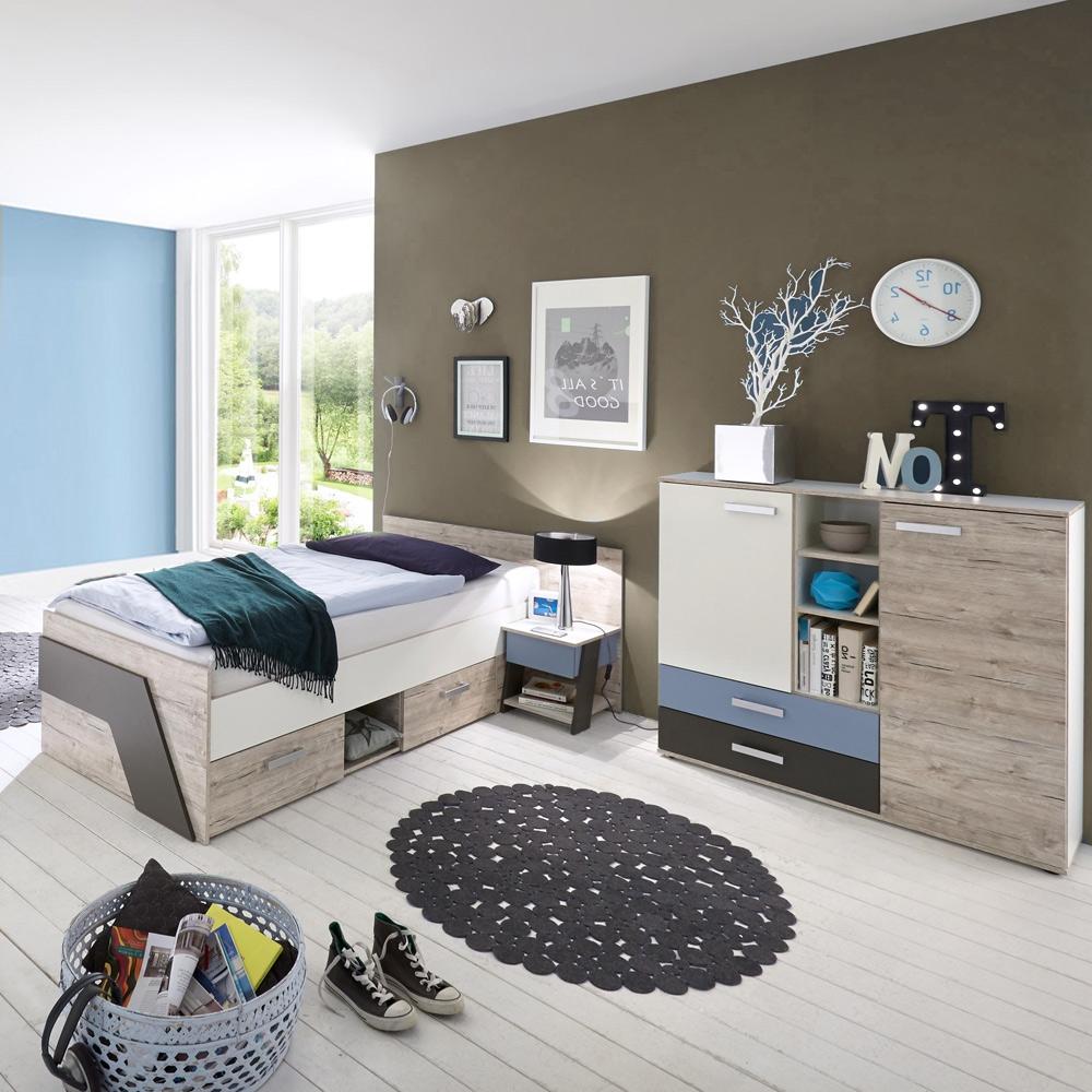 Jugendzimmer Set mit Kommode 3-teilig LEEDS-10 in Sandeiche Nb. mit weiß, Lava und Denim Blau Bild 1