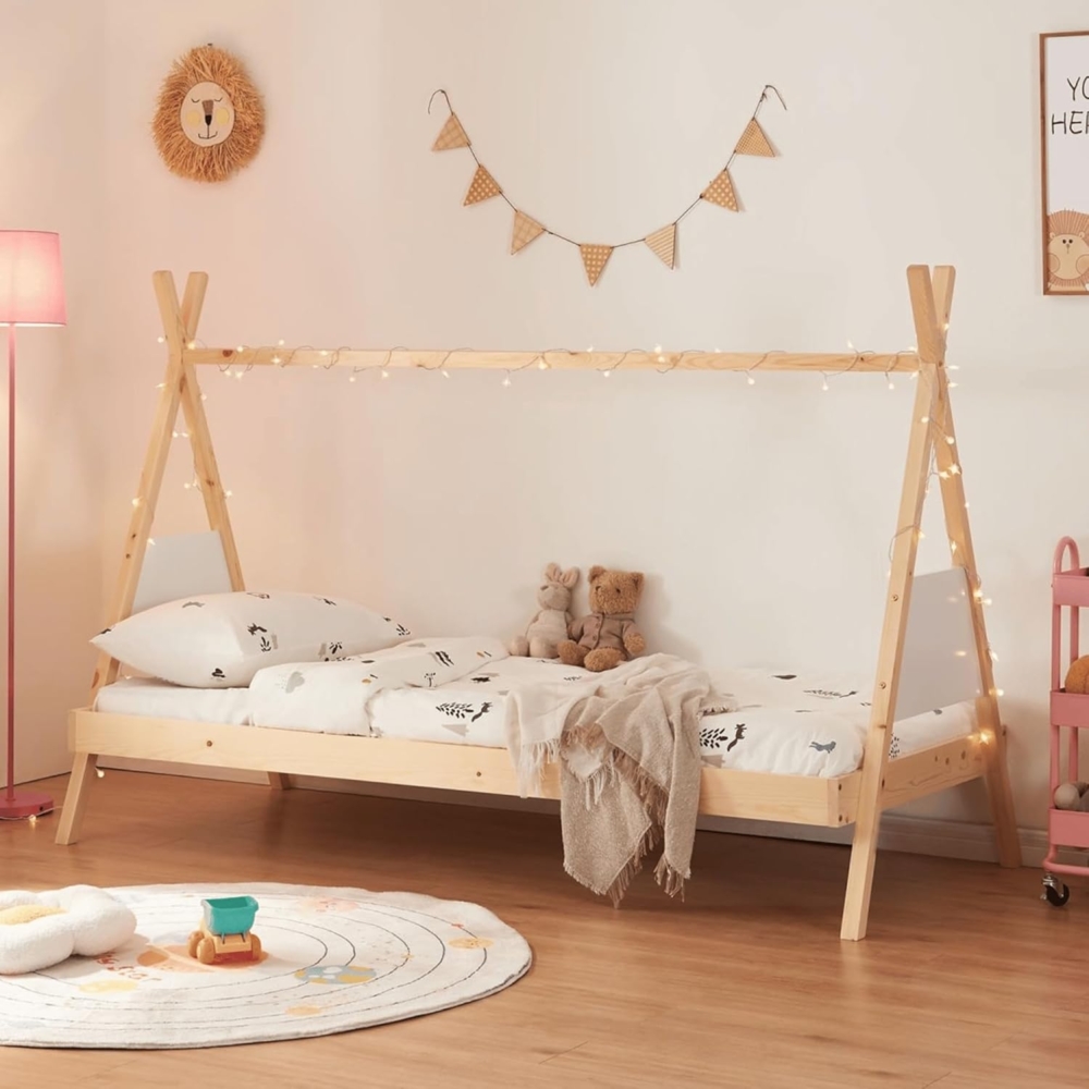 DELUKE® Kinderbett 90x200 NEVIS - mit Lattenrost Tipi-Optik Einzelbett Tipibett Holz Hausbett Kinderzimmer Bett Kinderschlafplatz Braun Bild 1