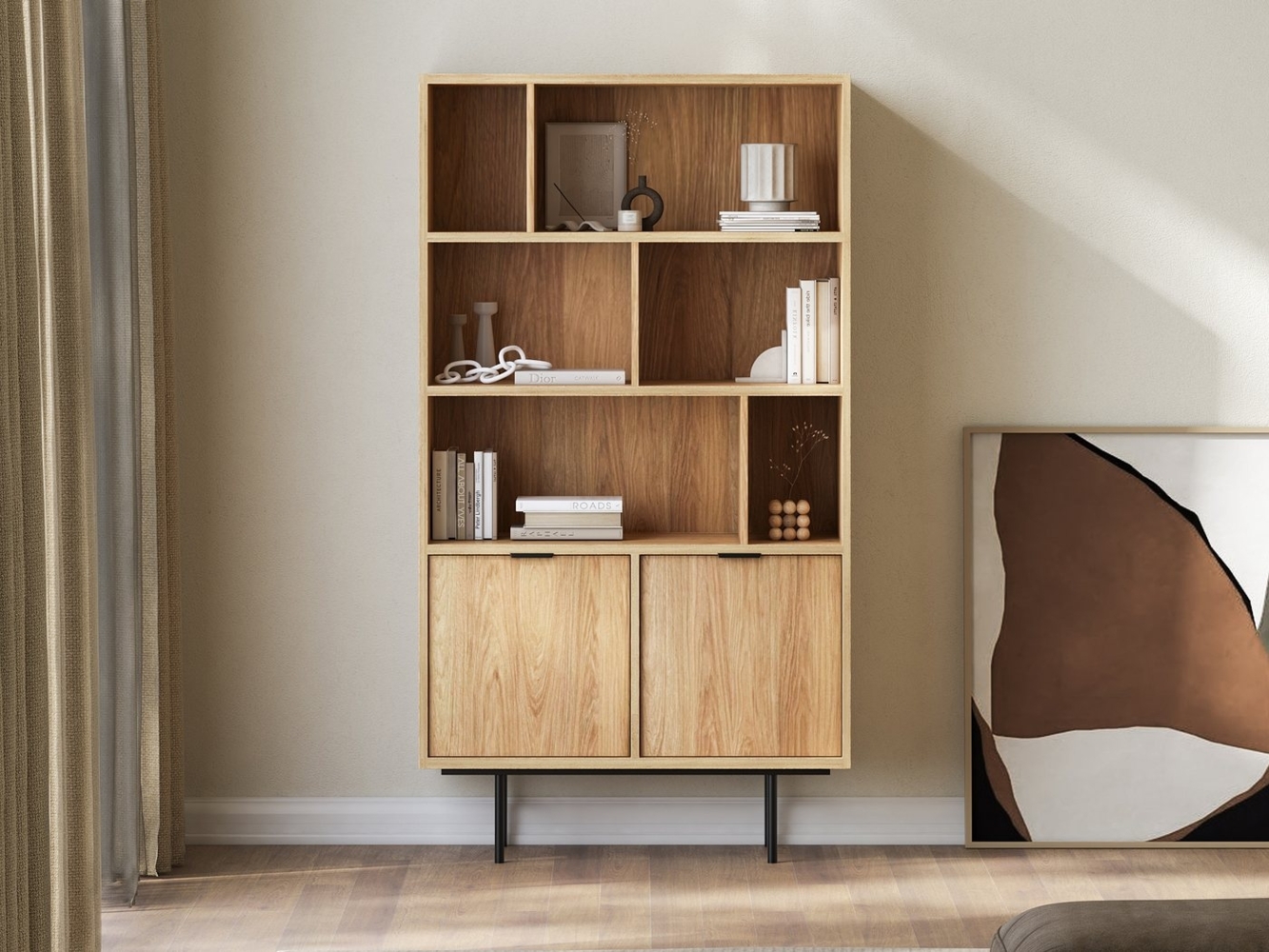 Beautysofa Bücherregal Evron mit 4 offene Regalböden und 2 Unterschränke, hohe Metallbeine, Breite: 90 cm Bild 1