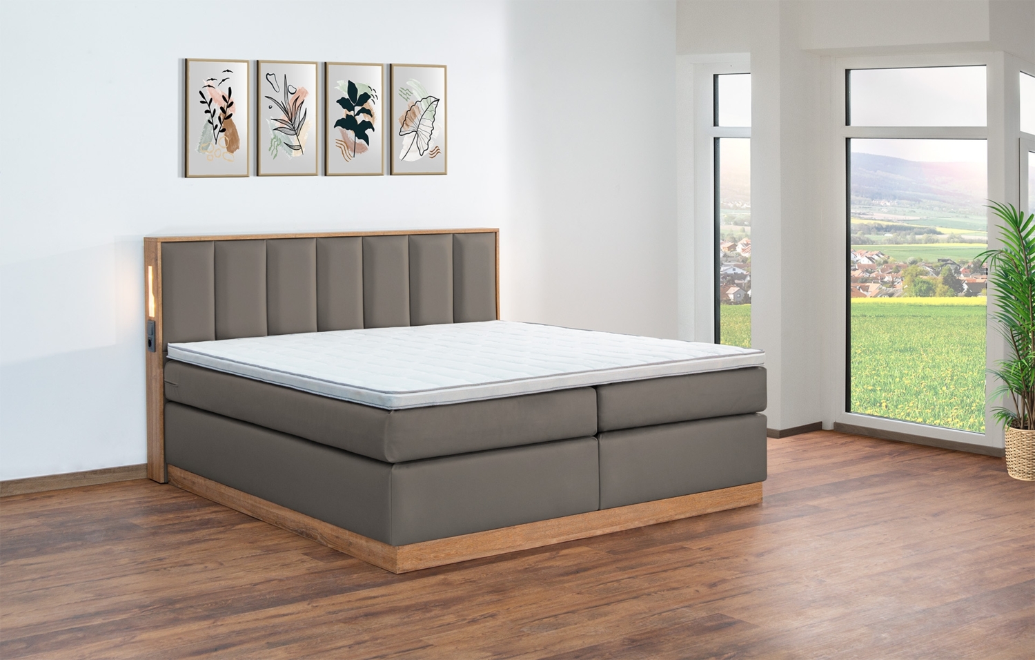 Meisterbetten Boxspringbett Sely mit Holzdekor Eiche Cognac 100x220 in LM-Stahlgrau, Matratzenbezug Nano, Midisoft-Topper Bild 1