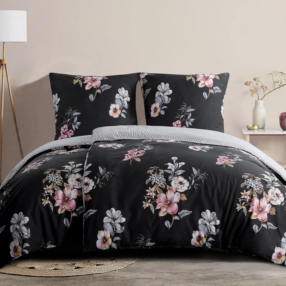 Bettwäsche Set 135x200 Schwarz Blumenmuster Mikrofaser Bild 1