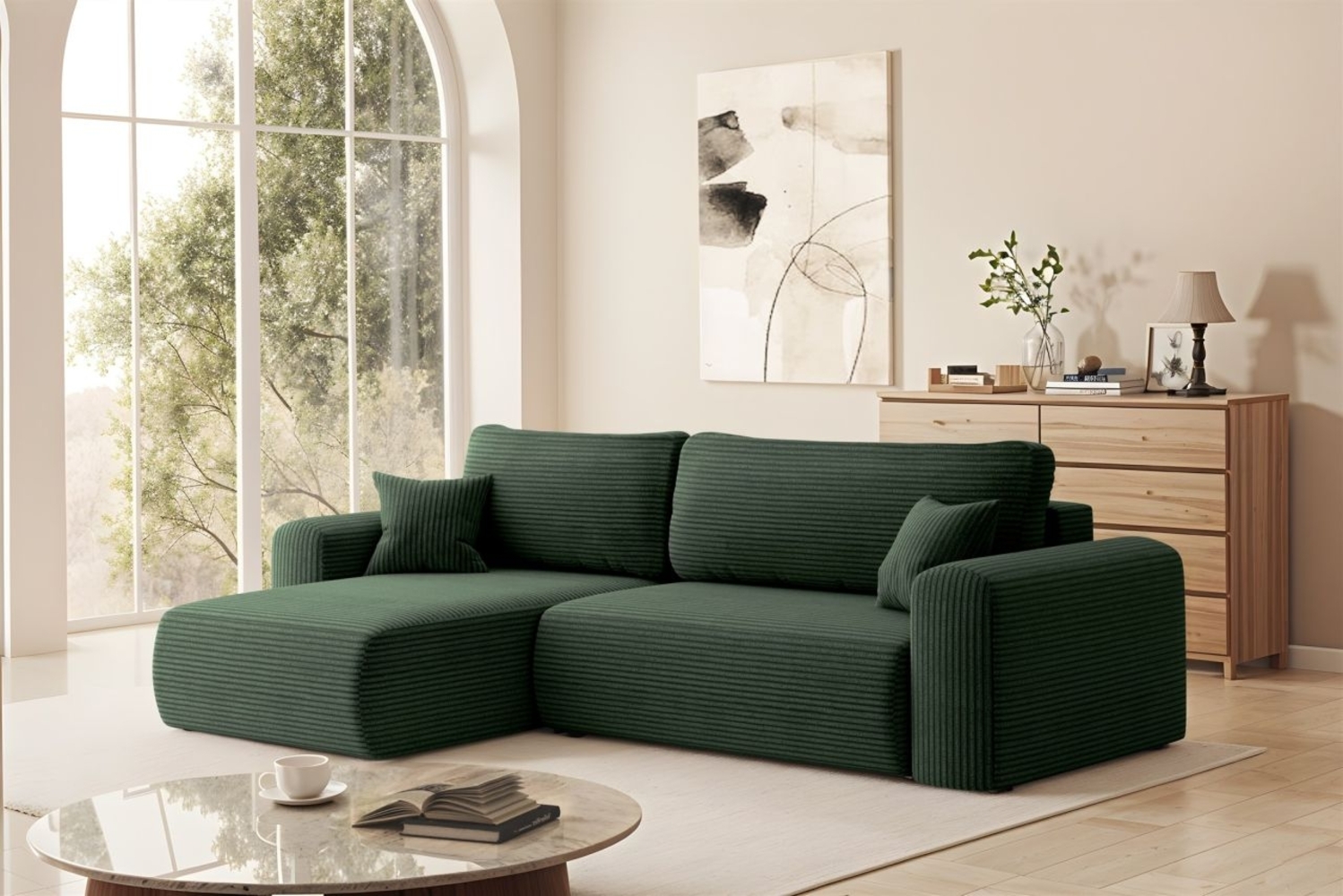 Ecksofa Schlafsofa FLORA Stoff Poso Grün Ottomane Links Bild 1