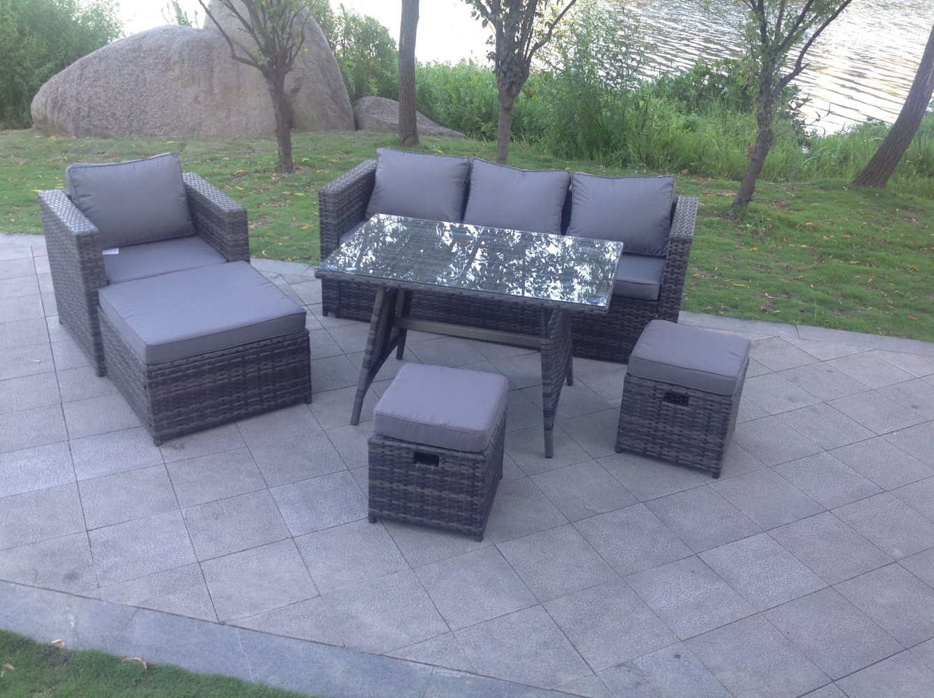 Dunkelgrau Gemischt Rattan Garten Sofa Set Sessel Rechteckiger Esstisch 2 Großer Hockern 2 kleine Hockern 7-Sitzer Bild 1