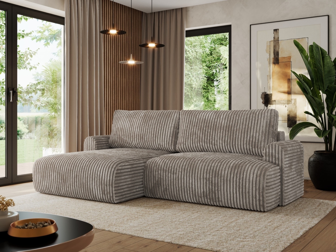L-förmiges Ecksofa mit losen Kissen und Armlehnen für das Wohnzimmer, Ecksofa mit Schlaffunktion, Bettkästen - TONO - Hellbraun Cord - linke Seite Bild 1