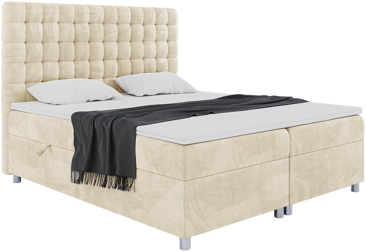 MEBLINI Boxspringbett ASTON 140x200 cm mit Bettkasten - H3/Beige Samt Polsterbett - Doppelbett mit Topper & Taschenfederkern-Matratze Bild 1