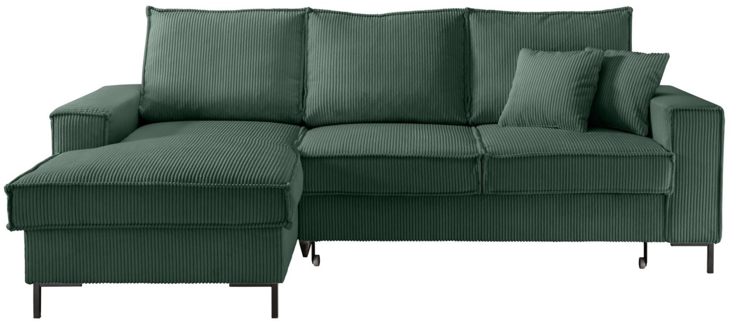 luma-home Ecksofa 17224, mit Bettfunktion und Bettkasten 240x150 cm, Wellenunterfederung, Récamiere links, Cord-Bezug in Grün Bild 1