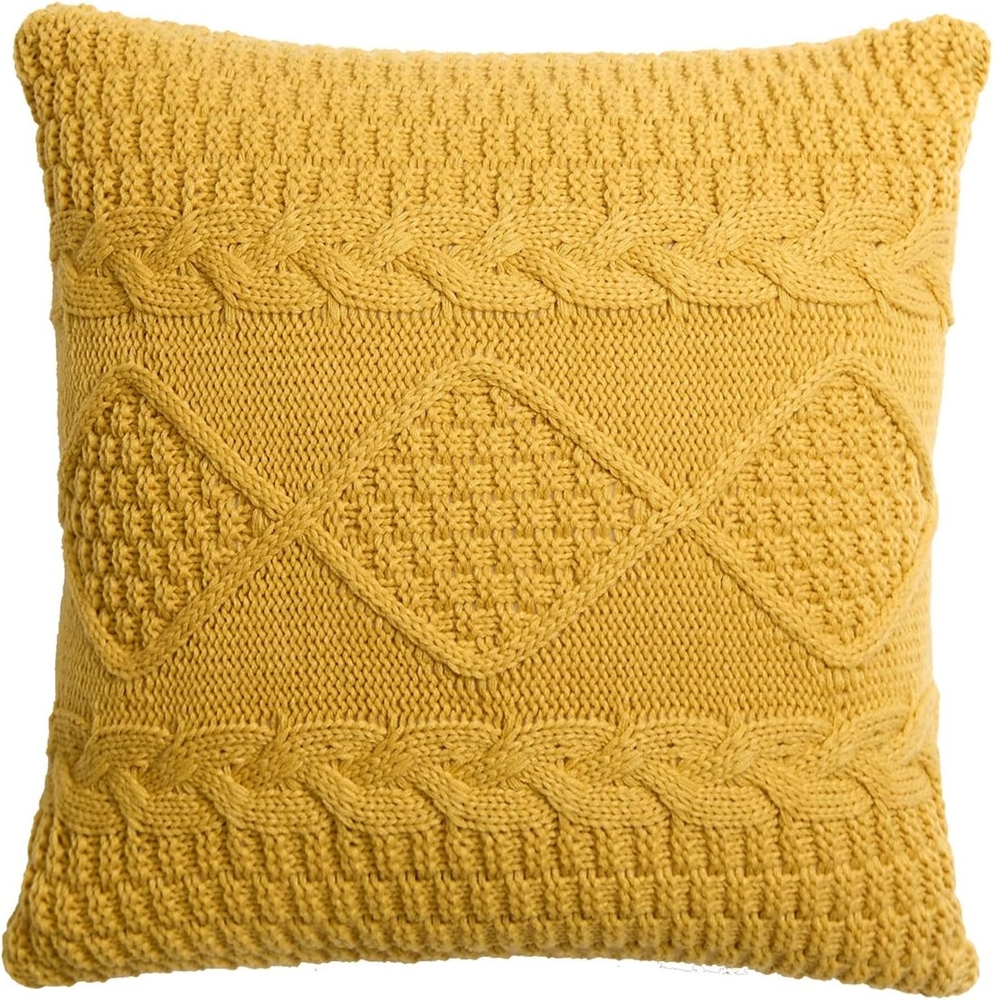 Gestrickter Kissenbezug im Retro-Stil mit gedrehtem Muster und dekorativem Rautenmuster, schlichter, einfarbiger Kissenbezug, weicher und warmer Kissenbezug (gelb) Bild 1