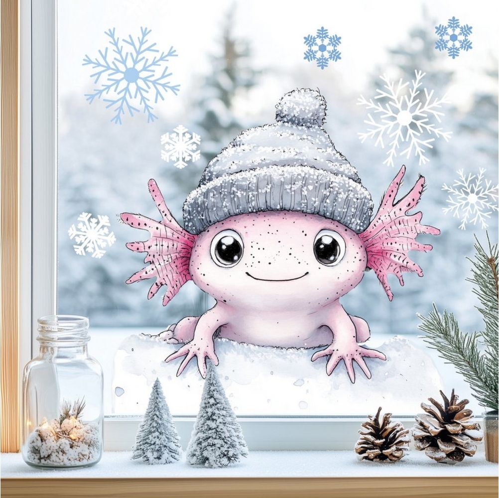 Sunnywall Fensterdekoration Kinderzimmer Fensterbild Winter Axolotl mit Mütze, wiederverwendbar, statisch haftend, beidseitiger Druck, nachhaltig Bild 1