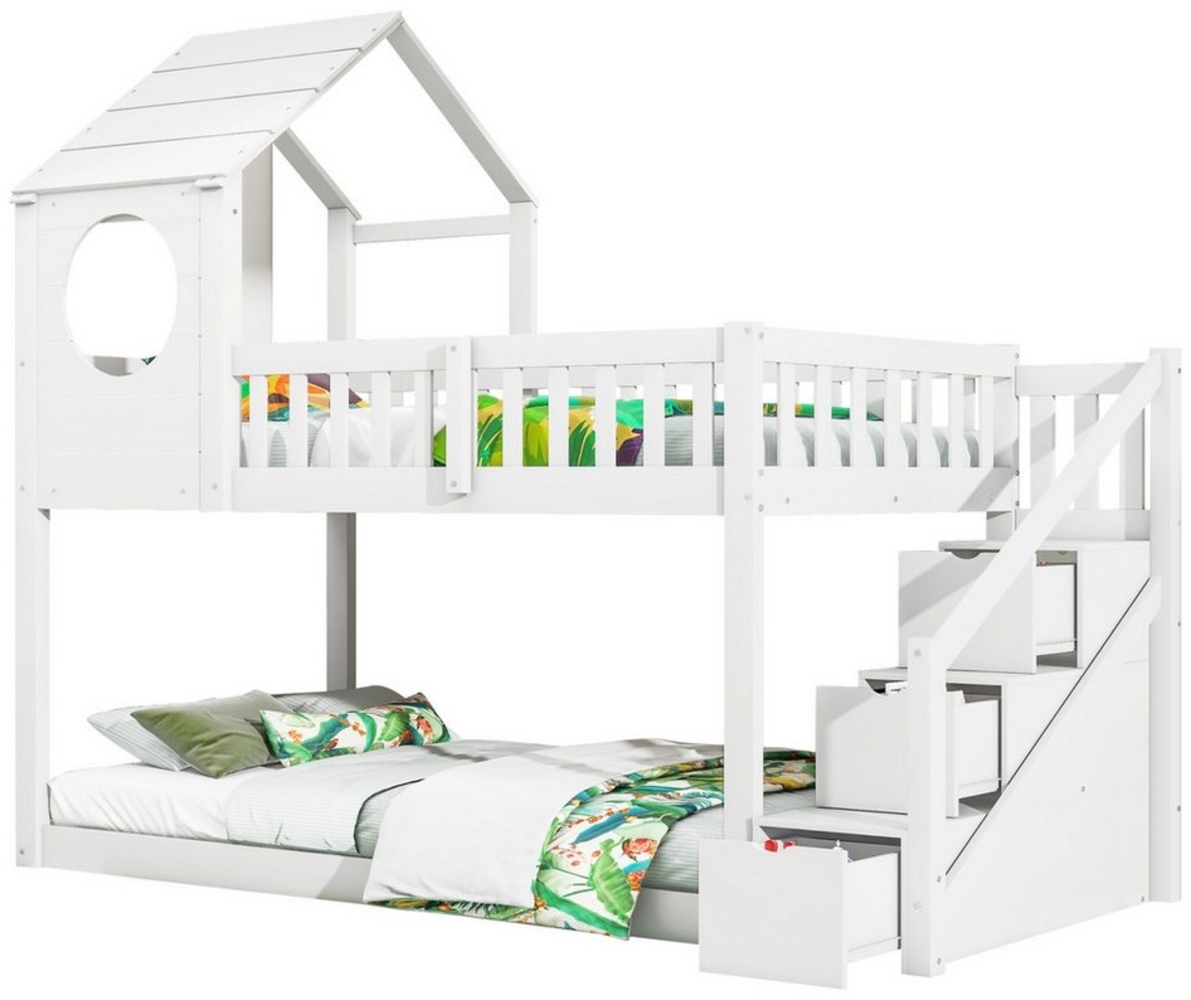 Flieks Etagenbett, Hochbett Kinderbett Hausbett mit 3 Stauraumschubladen 90x200cm Bild 1