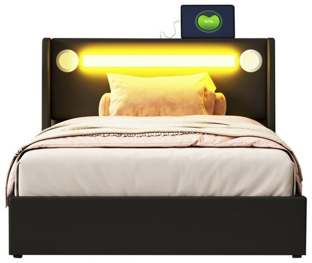 OKWISH Polsterbett Kinderbett mit LED-Lichtleiste, Bluetooth-Player und USB-Aufladung (Kunstleder-Aufbewahrungsbett, Hochbettkasten, Jugendbett mit Lattenrost), ohne Matratze Bild 1