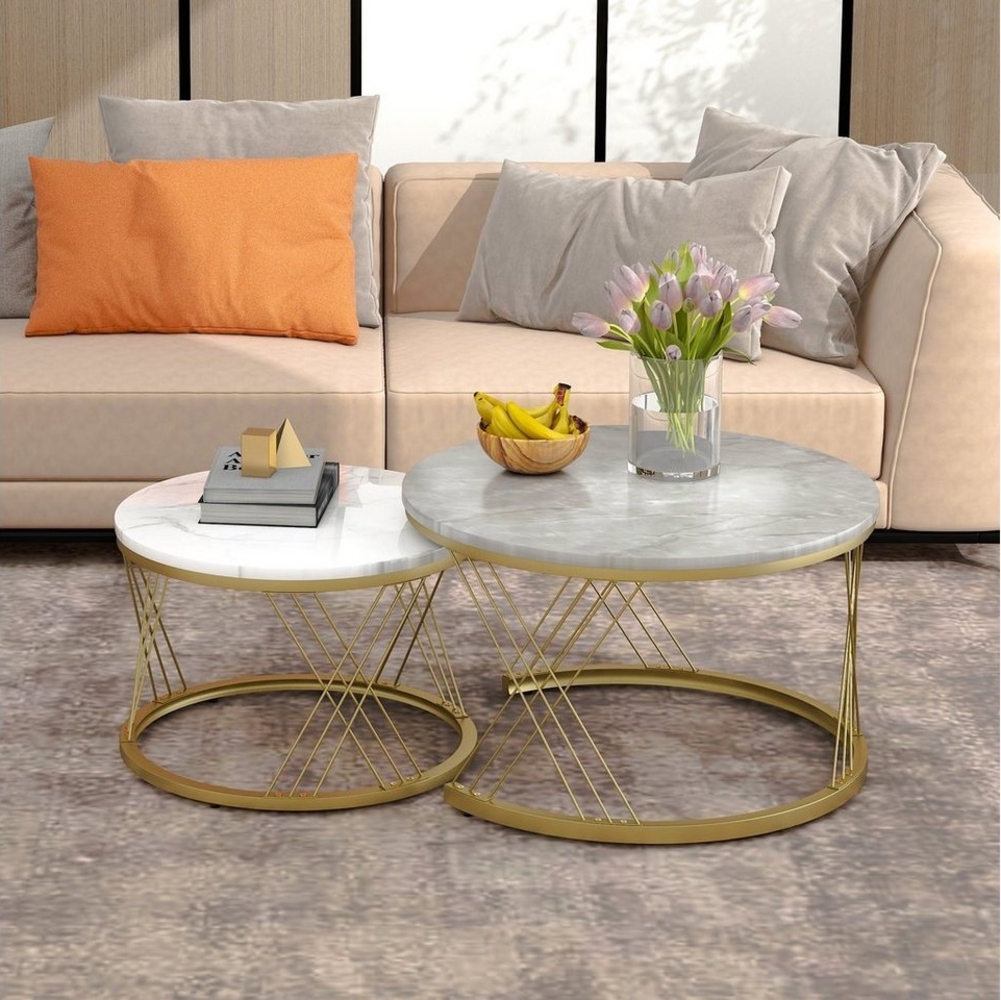 HAUSS SPOLE Couchtisch Satztische Satz rund Kaffeetisch (2er Set für Wohnzimmer Metallrahmen rund Sofatische, Einfach Zu Montieren), Satz von 2, Goldene Farbe Frame Bild 1