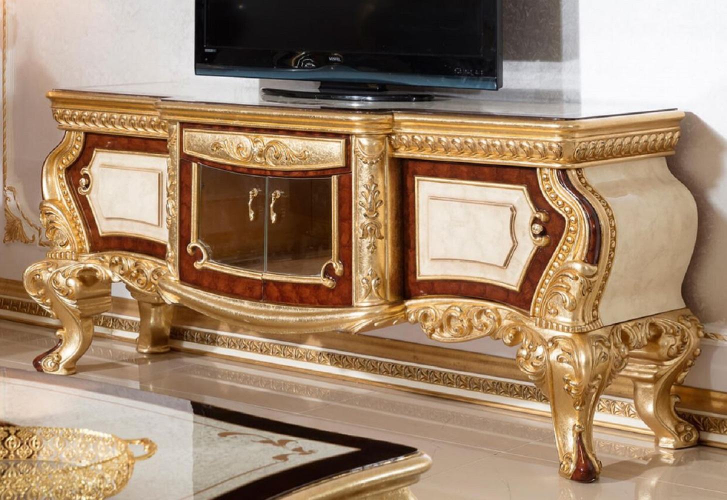 Casa Padrino Luxus Barock TV Schrank Weiß / Braun / Gold - Prunkvolles Massivholz Sideboard mit 4 Türen und Schublade - Barock Wohnzimmer Möbel Bild 1