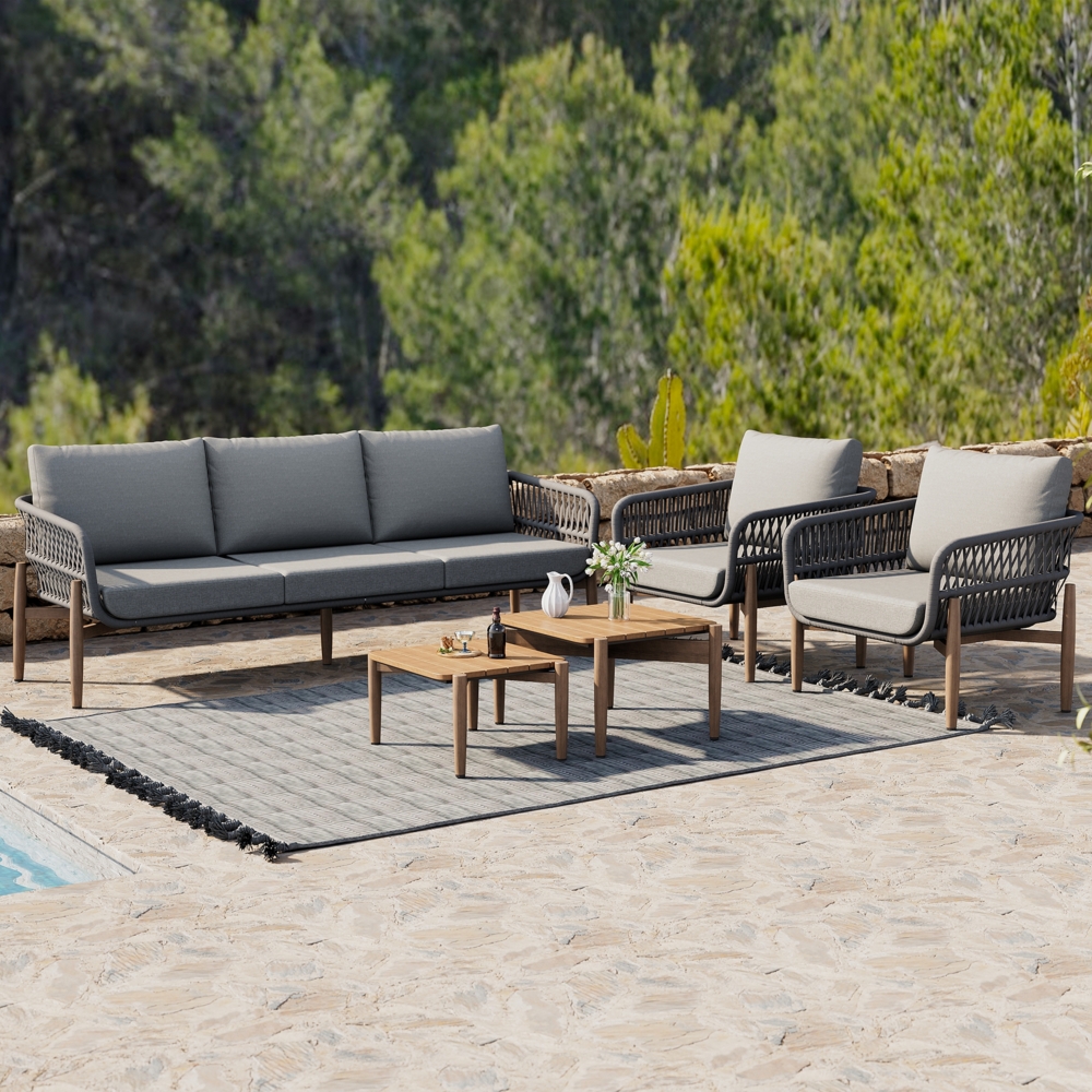 Merax Garten Loungesessel Set, Gartenmöbel Set mit bequemen Kissen, 3er Sofa, 2 Sessel und 2 Couchtische, Outdoor, WPC Tischplatte, Holzmaserung Lack, verzinkter Stahl, grau Bild 1