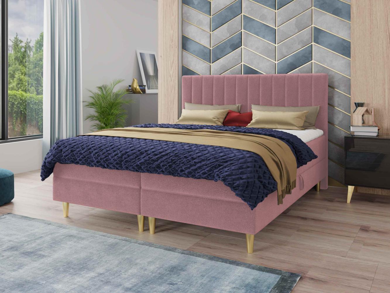 Boxspringbett Gold mit 2 Bettkästen und Topper - Doppelbett, Bonell-Matratze, Polsterbett, Bett mit Matratzentopper, Schlafzimmer, Velours Stoff (Pink (Manila 09), 140 x 200 cm) Bild 1