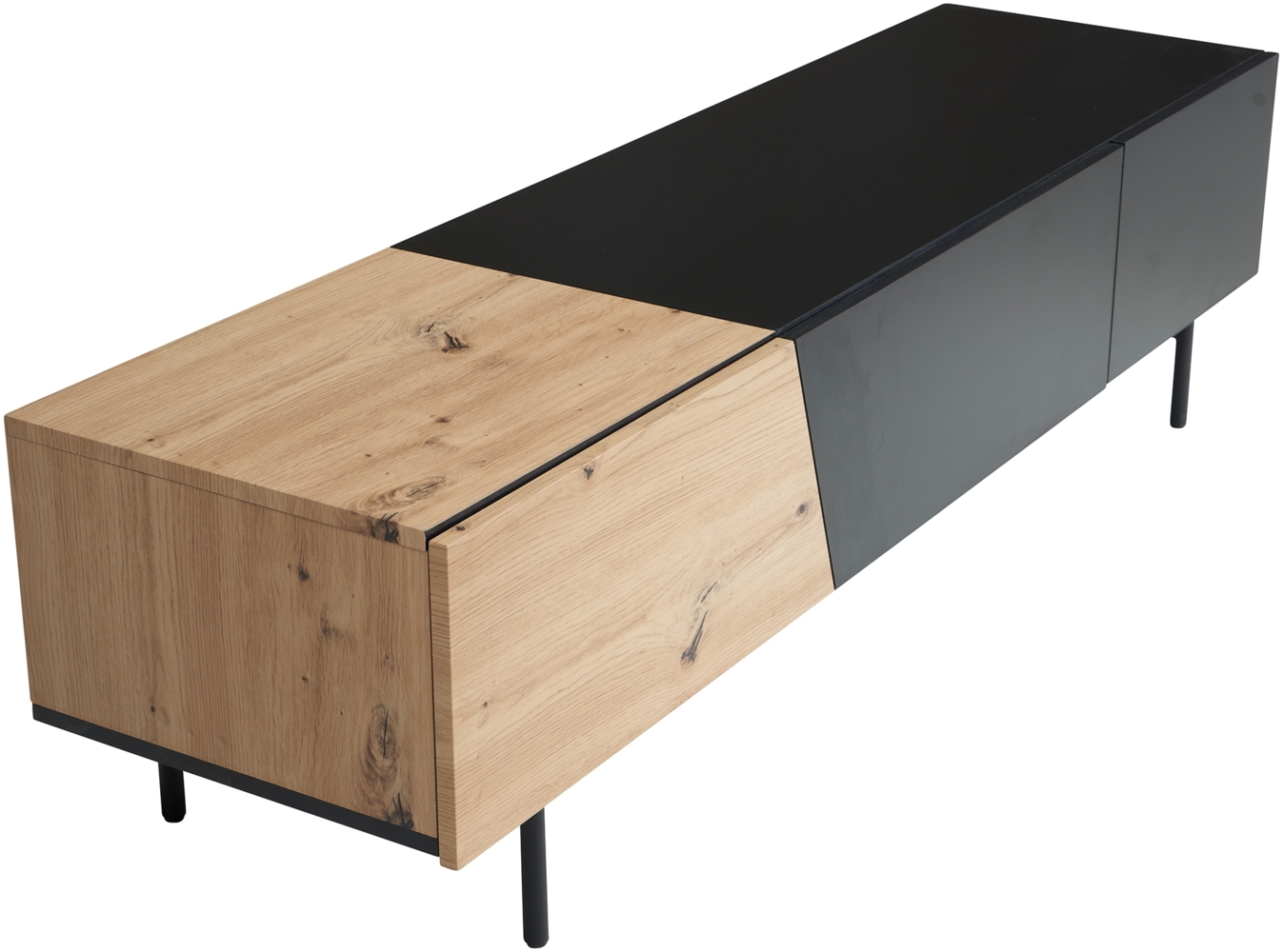 Lowboard Schwarz mit Eiche-Dekor 150 x 40 x 40 cm TV-Kommode Modern, Design TV-Schrank Niedrig, Fernsehtisch Fernsehschrank mit Türen & Schublade, Fernsehkommode Wohnzimmer Bild 1