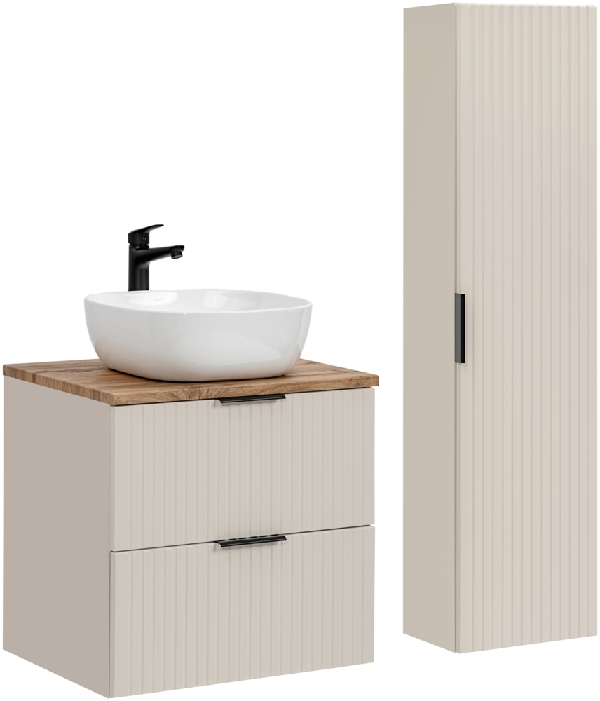 ADEL CASHMERE Badmöbel-Set 60 cm mit einer Waschtischplatte, 1 Smile-Aufsatzwaschbecken und einem Hochschrank (46x60cm), Kaschmir matt,Eiche Wotan Bild 1